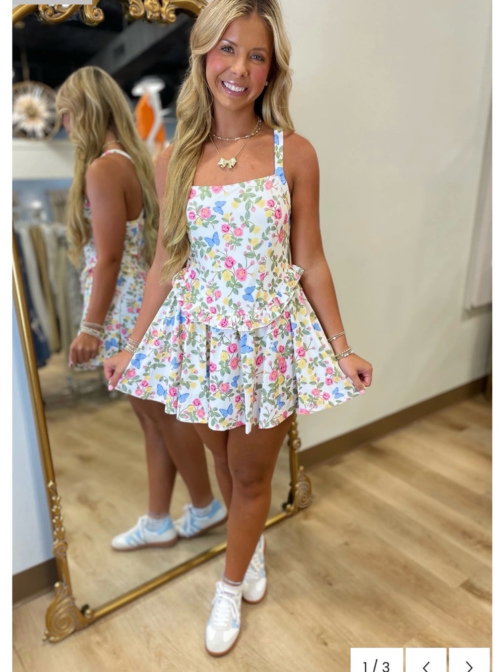Floral Square-Neck Ruffled Athletic Romper - White with Pastel Florals